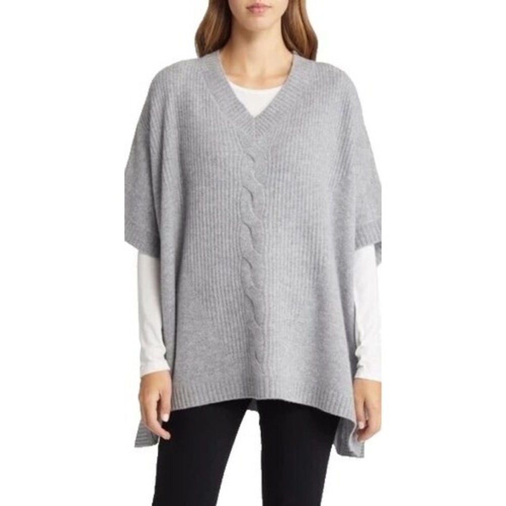 Nordstrom Grey Wool Cashmere Cable Knit V-Neck Poncho Sweater One Size